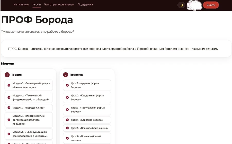 Страница курса: теория и практика по модулям